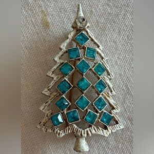 Elegant Silver and Blue Christmas Tree Brooch